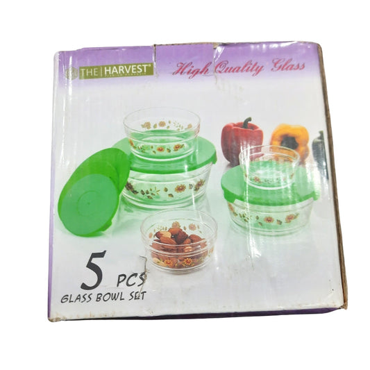 Packaging of 5 PCS Glass Bowl Set by The Harvest, featuring high-quality glass bowls with lids for food storage and dining use