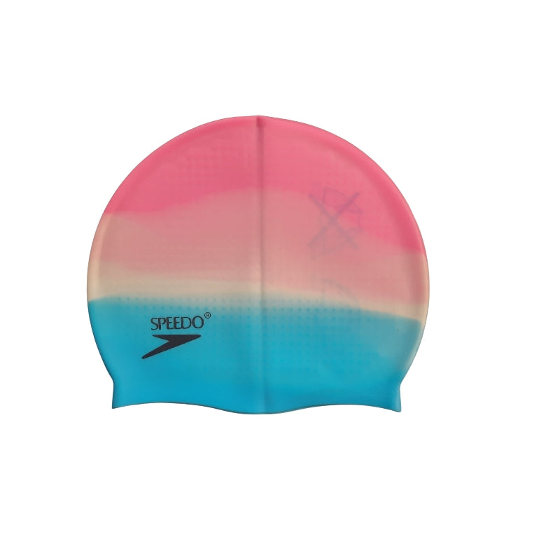 Silicone Swimming Cap in pink, white, and blue gradient with Speedo logo, ideal for kids aged 6-14. Available at Bamagate.com.