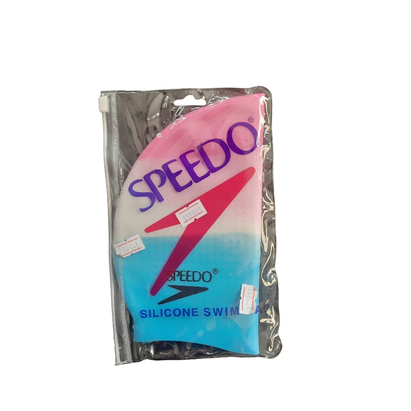 Packaged Silicone Swimming Cap by Speedo in tri-color design, perfect for swimming gear collections on Bamagate.com.