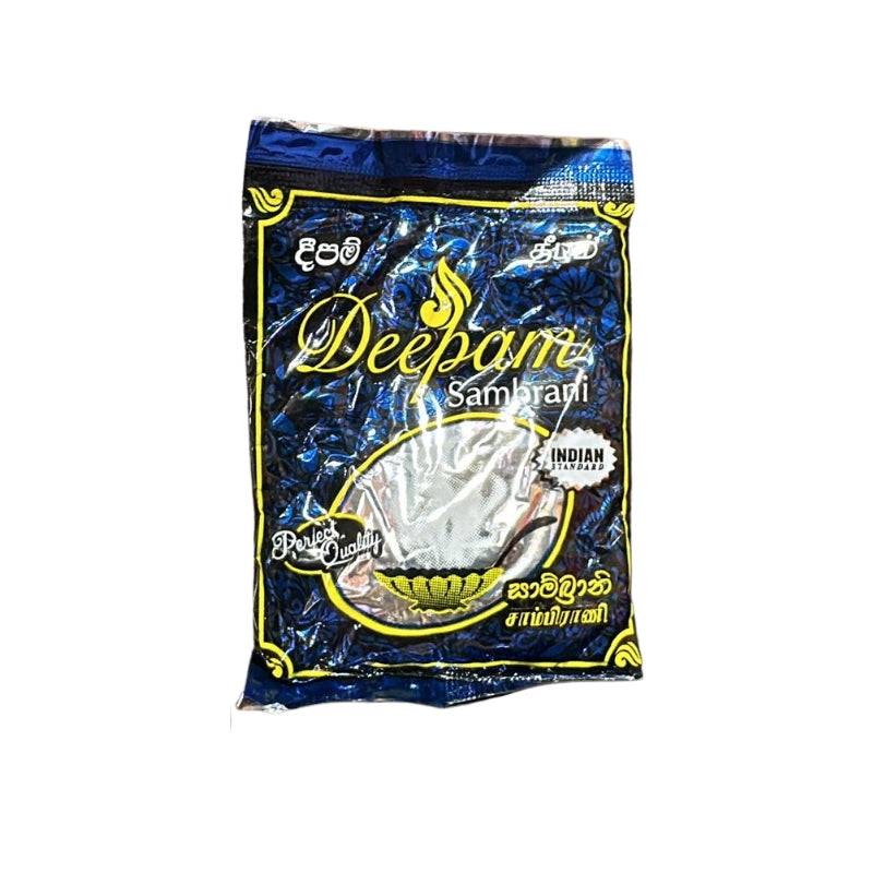 Deepam Sambrani Power 50g pouch for pooja use, featuring traditional Indian design and labeled for high quality spiritual fragrance.
