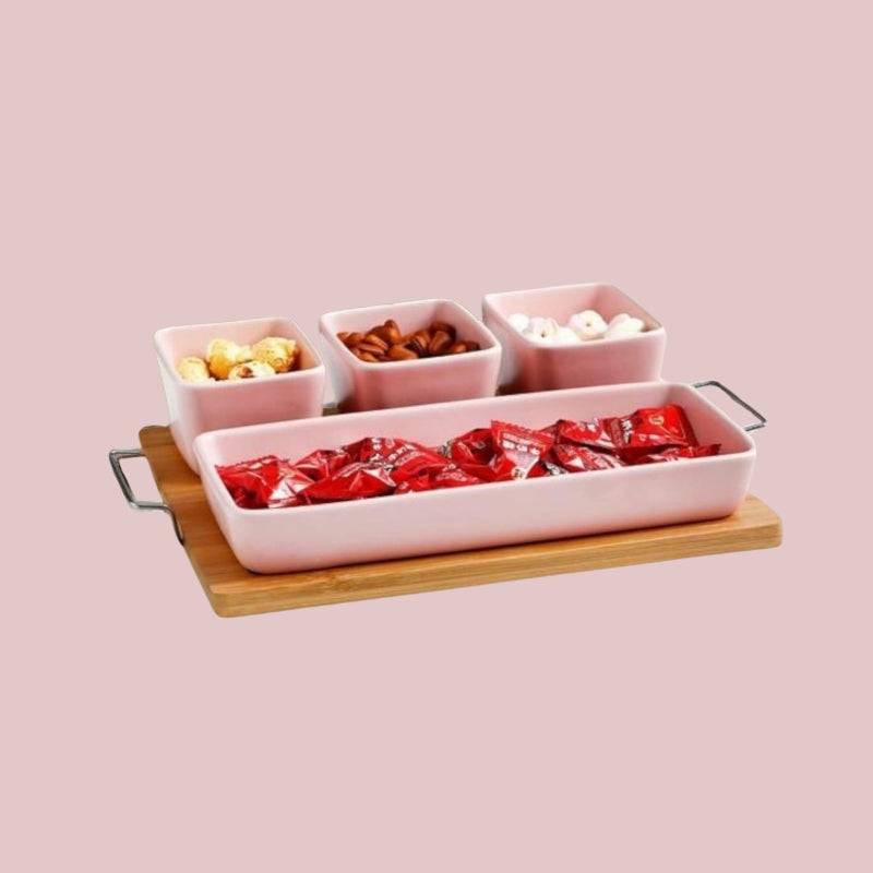 Ceramic serving plate price includes pink ceramic serving bowls with tray, ideal for snacks and appetizers, perfect for elegant table settings.
