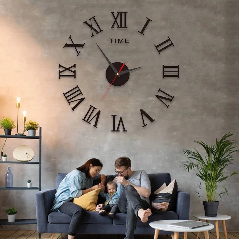 Large black 3D Sticker Wall Clock with Roman numerals in a family living room. Stylish wall decor for home improvement in Sri Lanka.