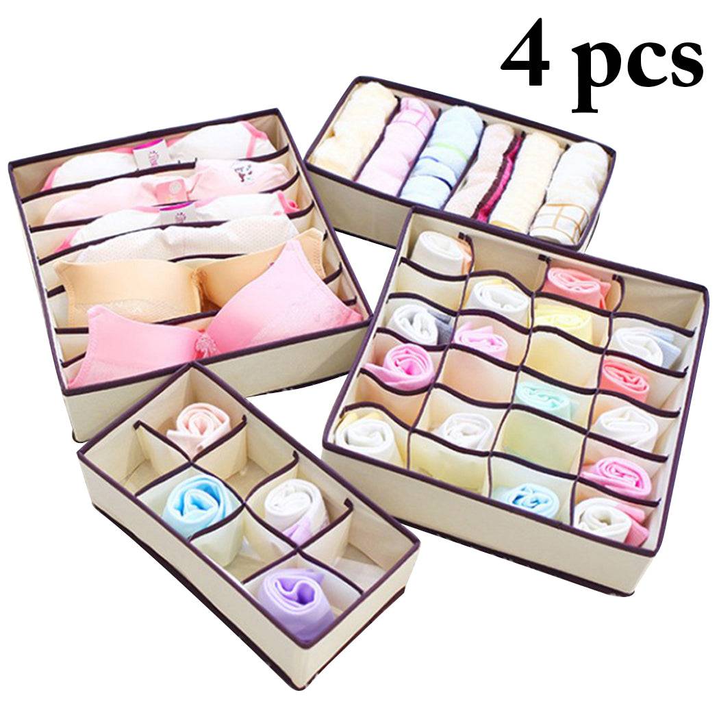 4PCS Partition Under Garments Storage Organizer set with multiple compartments for bras, socks, and underwear. Ideal bra organizer box wardrobe storage in Sri Lanka.