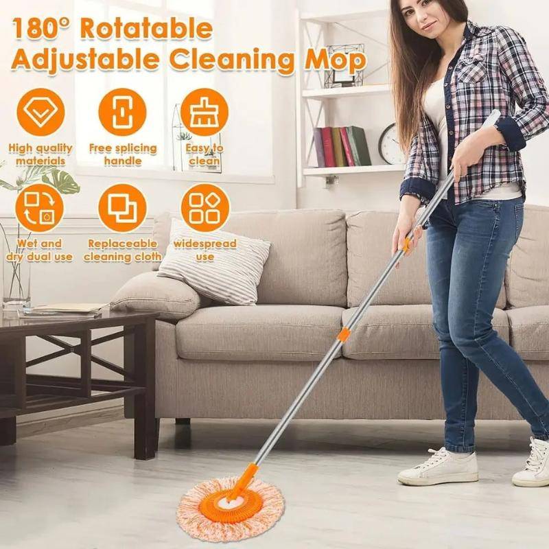 180° Rotatable Cleaning Mop with adjustable telescopic handle shown in use on carpet. Perfect for home cleaning with ergonomic design.