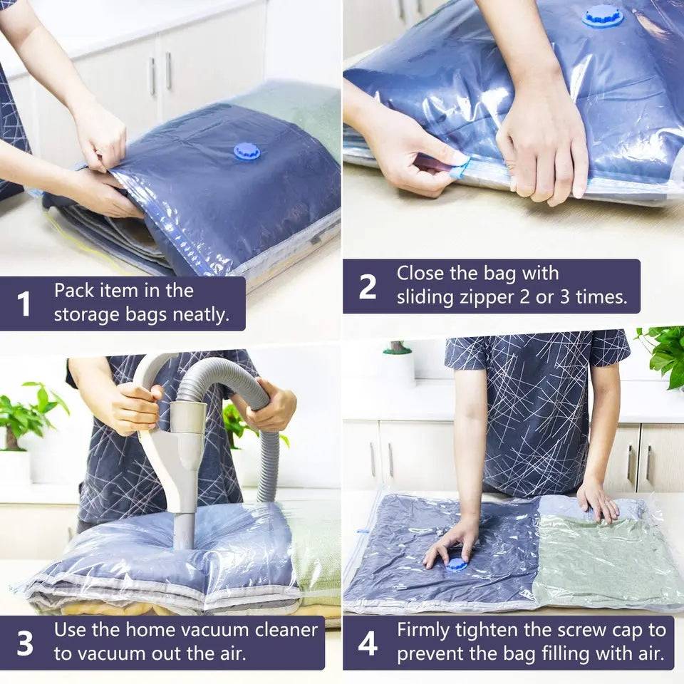 Step-by-step guide showing how to use the 68x98 cm Vacuum Cloth Storage Bag with zipper seal and vacuum suction for airtight compression.