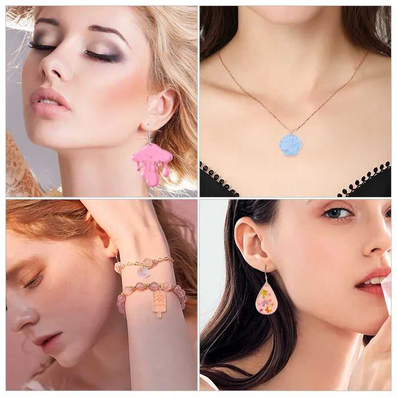 Models showcasing handmade jewelry created using the Earring Pendant Silicone Mold, including resin earrings, bracelets, and necklaces.