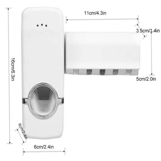 Dimensions of the Automatic Toothpaste Dispenser with toothbrush holder, showing compact wall-mounted design for space-saving bathroom use.