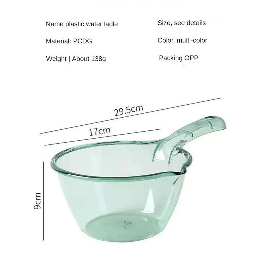 Transparent plastic ladle with dimensions and material details. A lightweight and durable kitchen tool for various cooking needs.