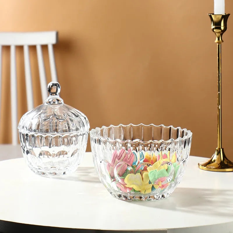 Open Crystal Glass Candy Jar 7 inch showing detailed cut design and colorful candy inside, elegant sugar bowl for serving