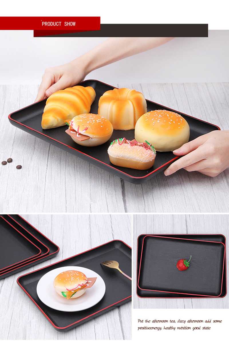 Plastic serving tray with red edge used to serve assorted pastries and burgers, showcasing its versatility for kitchen and dining. Buy now from Bamagate.com in Sri Lanka.