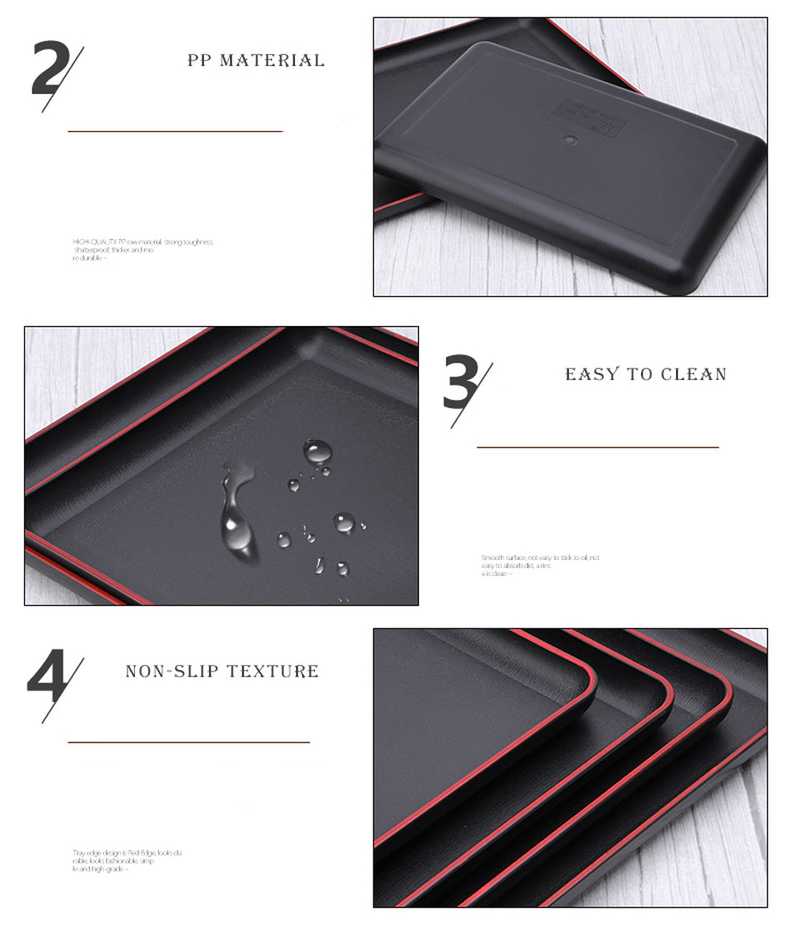 Features of black plastic serving tray include PP material, easy-to-clean surface, and non-slip texture, ideal for home and restaurant use. Available at Bamagate.com.