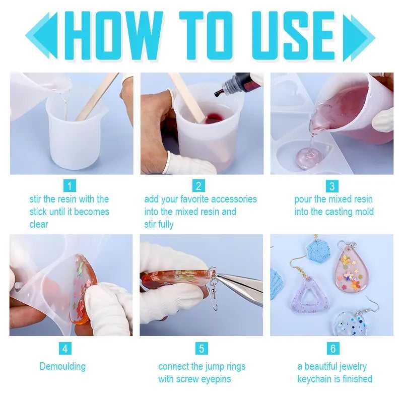 Step-by-step guide showing how to use the Earring Pendant Silicone Mold for DIY resin jewelry making, from mixing to demolding.