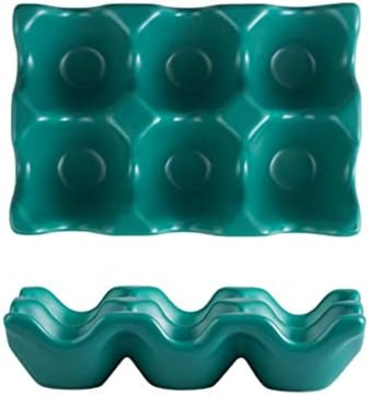Close-up of Green Ceramic Egg Holder 6 Grid showing top and side profiles, designed for safe and organized egg storage.