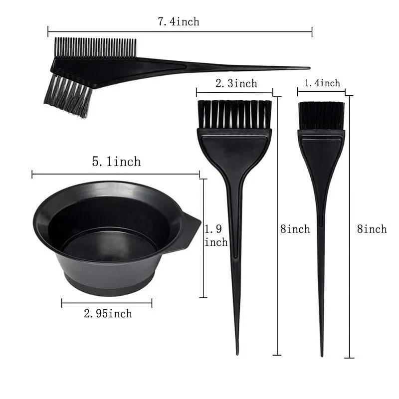 Hair Colour Bowl with Brush Set featuring three black dye brushes and a mixing bowl with precise measurements. Ideal for hair coloring and styling.