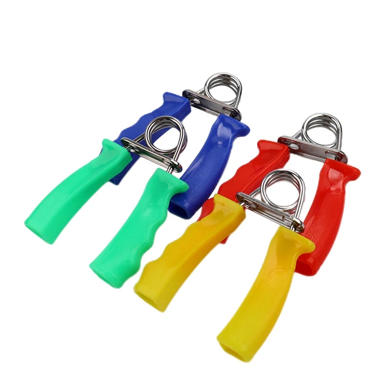 Set of colorful Plastic Handle Grip Gym hand exercisers in red, blue, green, and yellow for versatile fitness and grip training use