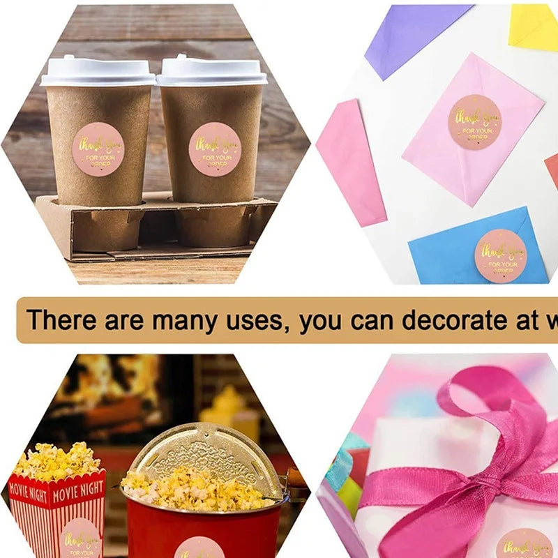 Versatile 500 PCS Pink Thank You Stickers applied on coffee cups, envelopes, and gift wraps. Ideal for office supplies, parties, and crafting projects.