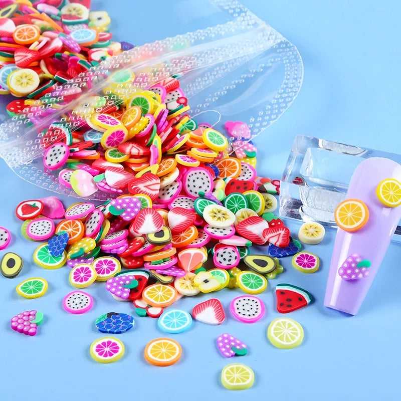 Polymer Clay Beads Fruit - Fruit Shape Beads in assorted colors and designs, ideal for DIY jewelry and crafts, 50pcs pack on blue background.