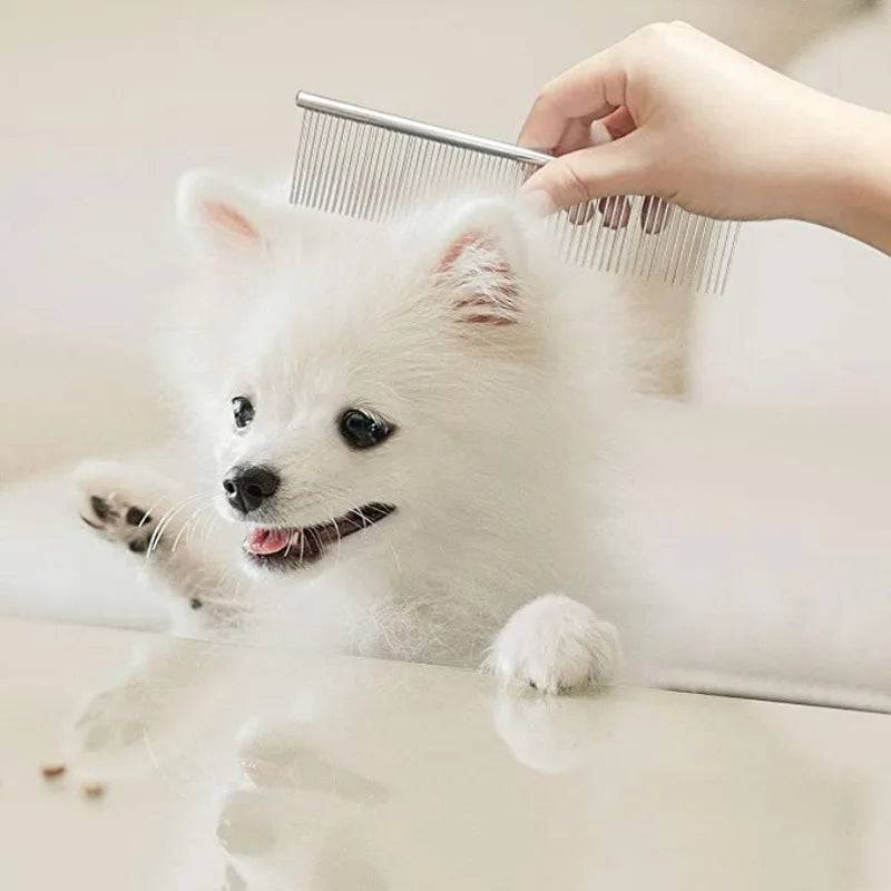Pet Comb Steel - Dog Grooming Comb 19cm being used on a fluffy white dog, demonstrating gentle grooming and tangle removal.