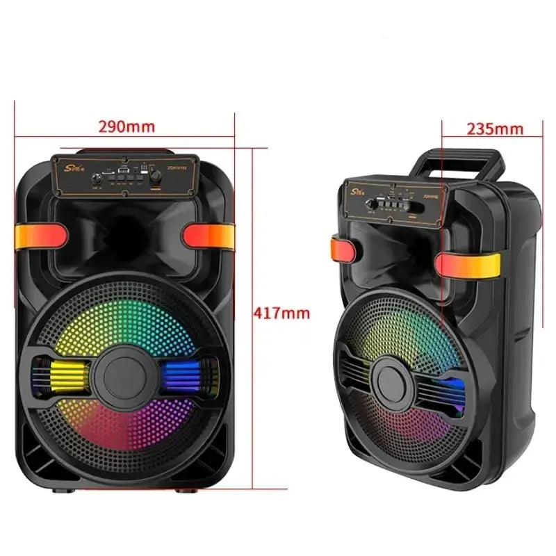 Sing-e Portable Karaoke Bluetooth Speaker ZQS_10102 with dimensions 417mm x 290mm x 235mm, featuring vibrant LED lighting.