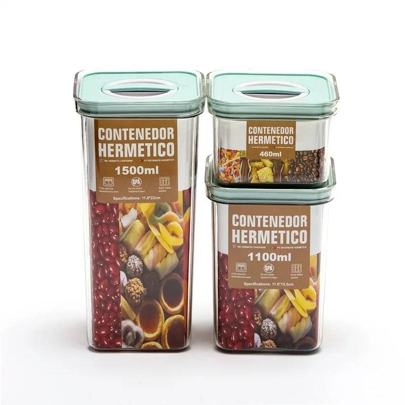 Three Rotary Lock Plastic Containers labeled 460ml, 1100ml, and 1500ml with food contents, showcasing airtight seal and clear plastic for visibility.