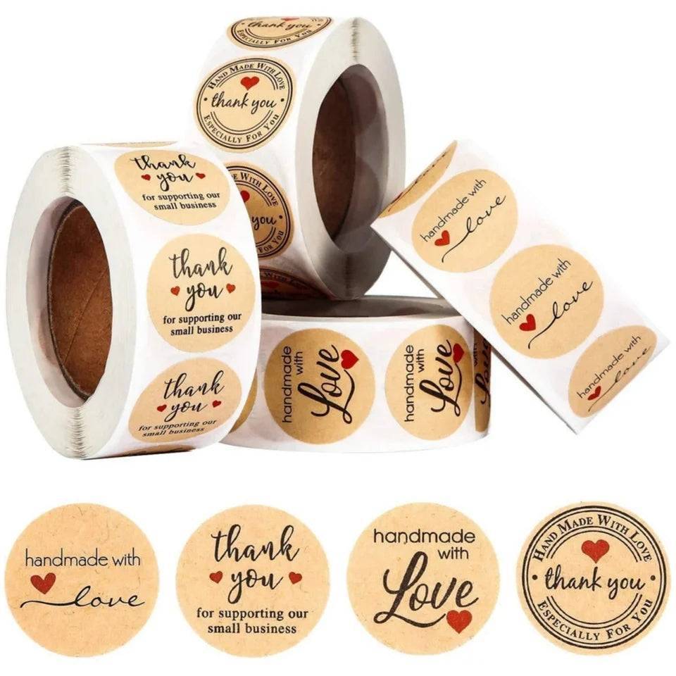 Thank you stickers for small businesses featuring 'Thank You' and 'Handmade with Love' messages on kraft paper rolls. Ideal for packaging and branding.