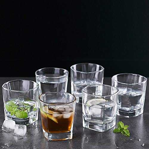 Set of six Square Clear Whisky Glasses 340 ml on a dark surface, ideal for cocktails or neat whisky servings.