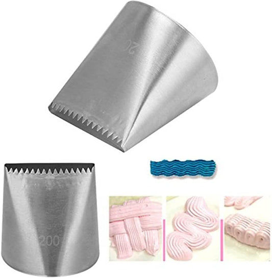 Stainless steel large wide tip icing nozzle showing decorative piping styles for cakes. Perfect for professional cake decorating in Sri Lanka.
