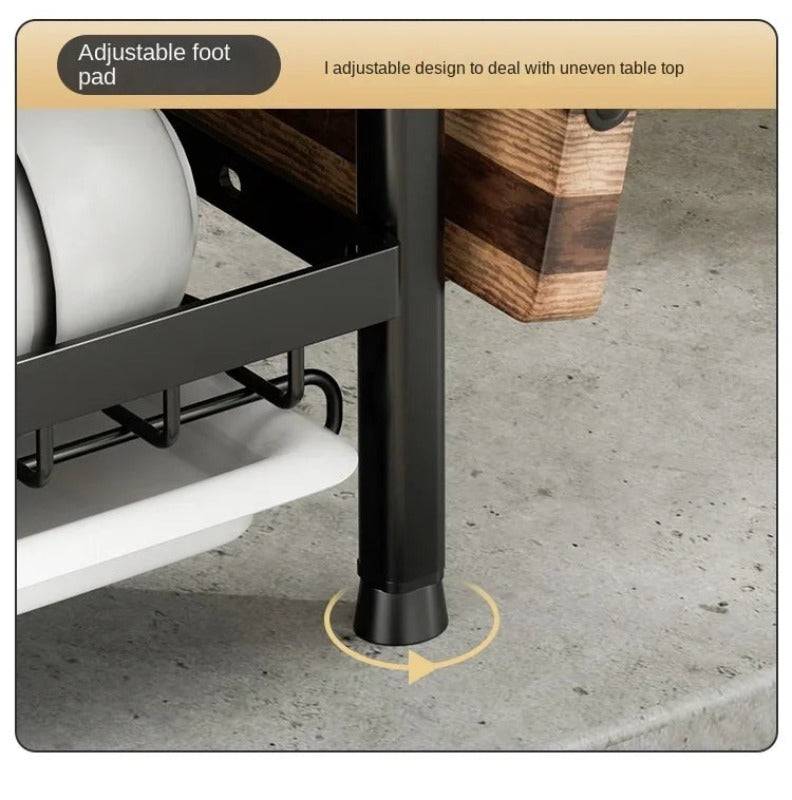 Adjustable foot pad on 3-Layer Kitchen Plate Rack ensures stability on uneven surfaces. Great for modern kitchen storage needs.