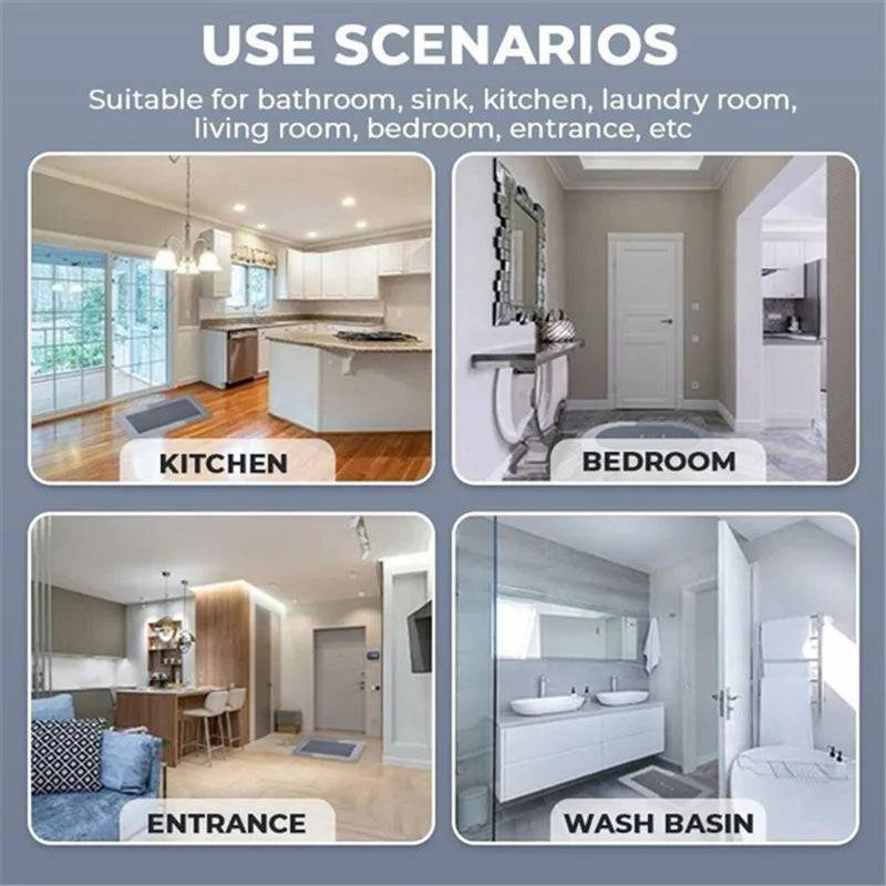 Multi-use absorbent bath mat shown in kitchen, bedroom, entrance, and wash basin areas, highlighting its versatility and quick-dry feature.