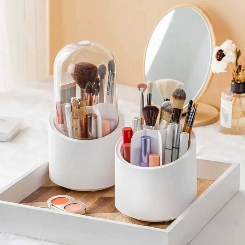 Two white cosmetic storage boxes on a tray, showcasing makeup brushes, lipsticks, and skincare items in a stylish vanity setup.