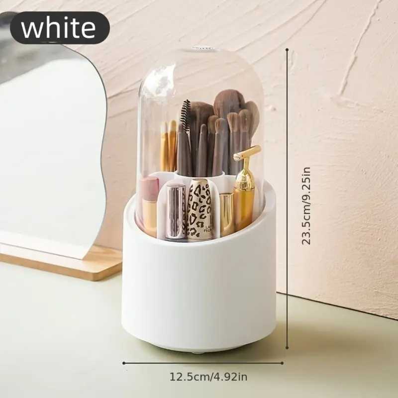 White cosmetic storage box with 6 compartments and transparent dome lid, ideal for organizing makeup brushes and skincare bottles.