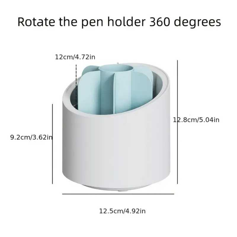 360-degree rotating cosmetic storage box with labeled dimensions, featuring internal compartments for organized makeup storage.