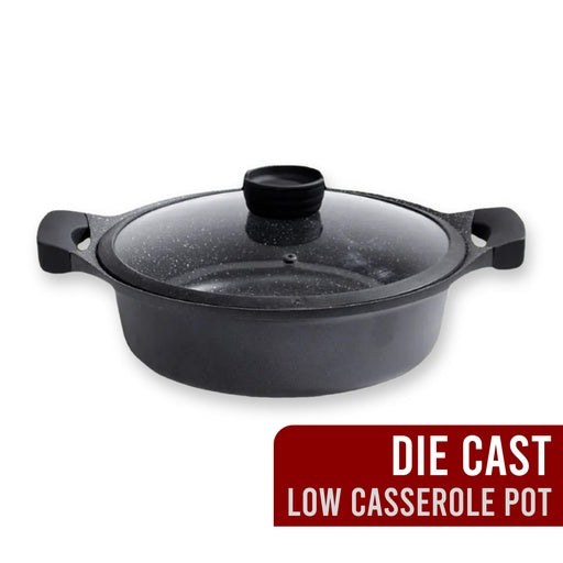Harvest Non-Stick Die Cast Low Casserole Pot With Glass Lid