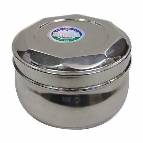 Round steel lunch box with airtight lid, 13x7cm size, ideal for food security and freshness. Sleek stainless steel design for kitchen or travel use.