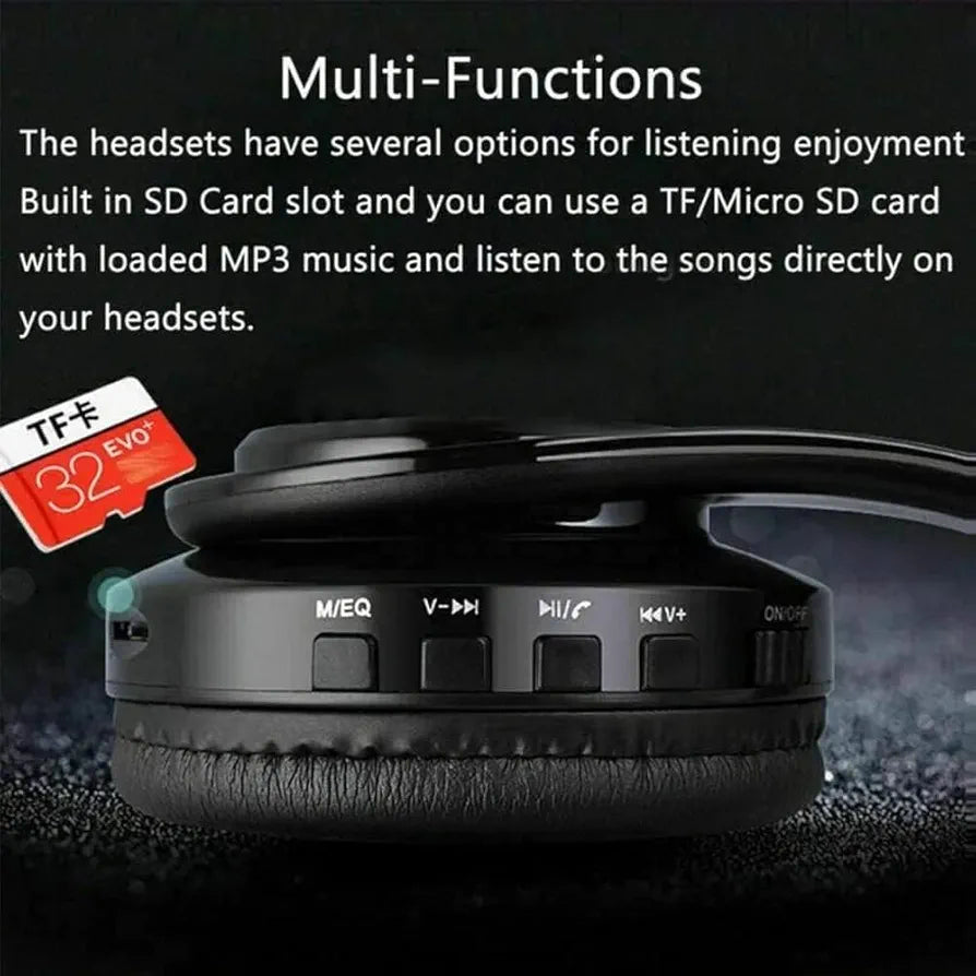 Close-up of B39 Bluetooth Wireless Gaming Headset Foldable showing multi-function buttons and TF card slot for MP3 playback without a phone.