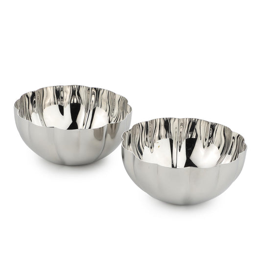 Set of two 4.5" stainless steel dessert bowls with a glossy, scalloped finish, ideal for serving Wattalapam and other sweet dishes.