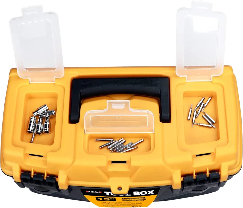 Top view of Tool Storage Box - Durable Tool Box showing two transparent compartments filled with screwdriver bits for easy access.