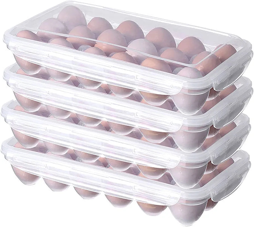 Stacked Plastic Egg Storage Boxes 18 Slots each filled with eggs, showcasing the space-saving and stackable design for kitchen organization.