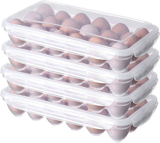 Stacked Plastic Egg Storage Boxes 18 Slots each filled with eggs, showcasing the space-saving and stackable design for kitchen organization.