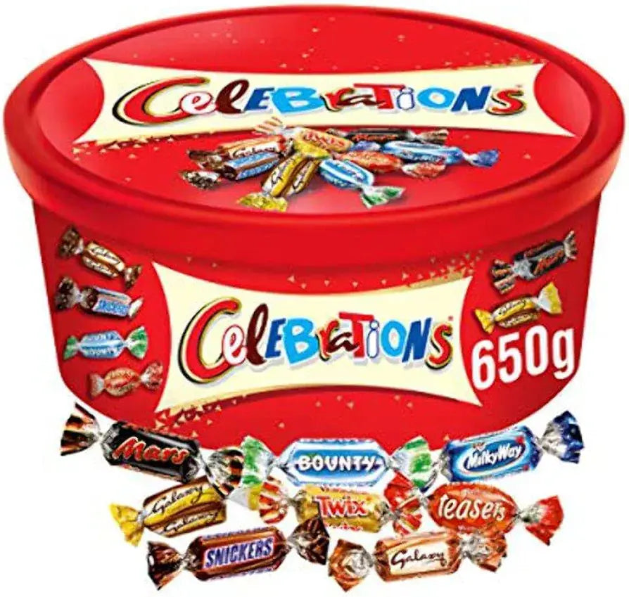 Celebrations Chocolate Tub 550g with assorted mini chocolates including Snickers, Bounty, and Milky Way in a festive red container. Perfect for parties.