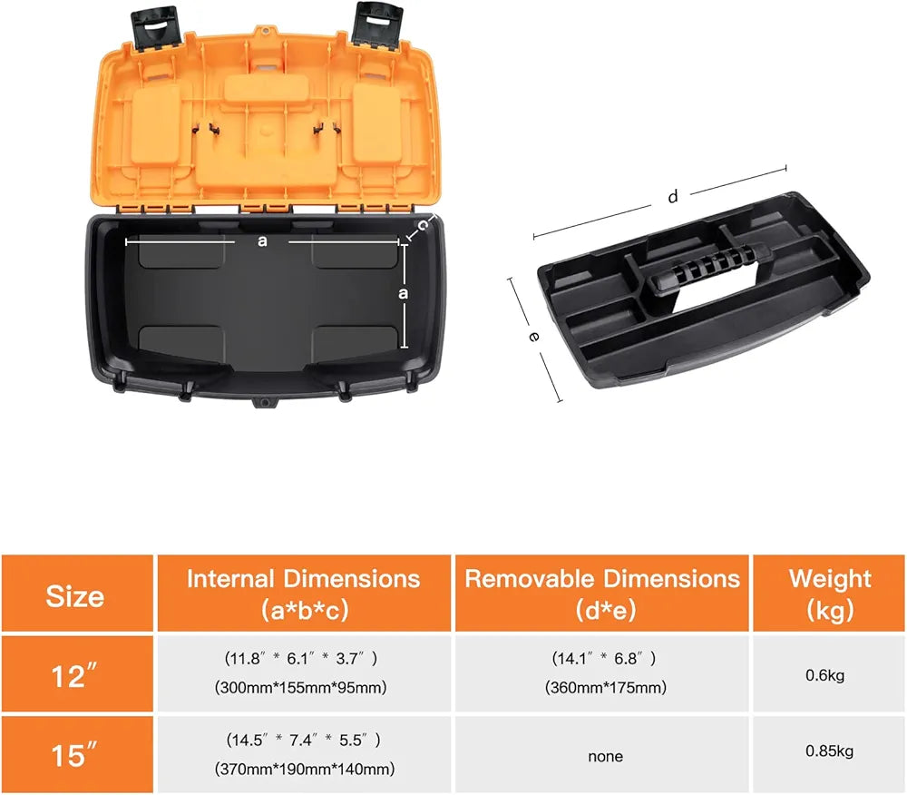 Tool Storage Box - Durable Tool Box size chart comparing 12-inch and 15-inch models with internal and removable tray dimensions.