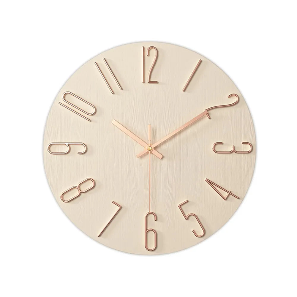 Close-up of round wall clock featuring large 3D numbers and non-ticking hands, perfect for quiet and elegant home or office spaces.
