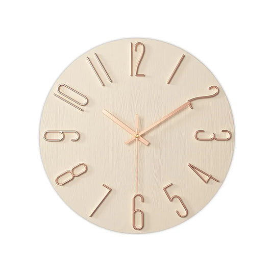 Close-up of round wall clock featuring large 3D numbers and non-ticking hands, perfect for quiet and elegant home or office spaces.