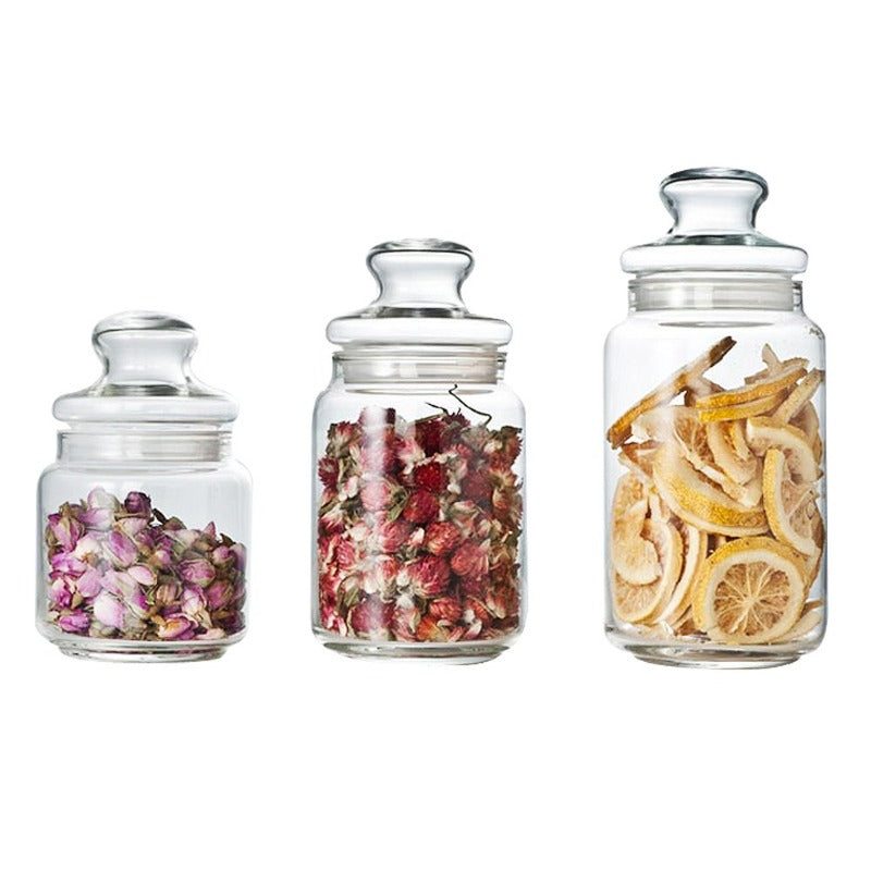 Set of Luminarc glass airtight jars filled with dried flowers and lemon slices, ideal for food storage in Sri Lanka from Bamagate.com