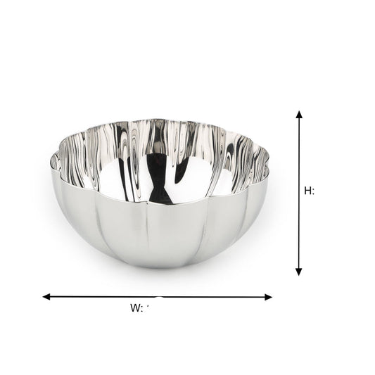Polished stainless steel dessert bowl 4.5" with measurement arrows, showcasing its size and fluted design for kitchen and dining use.