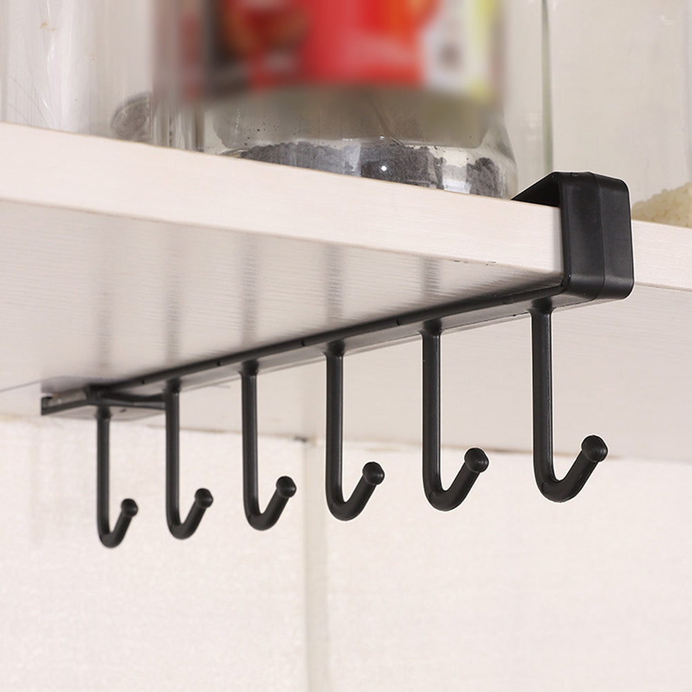 Plastic Nail Free Towel Cup Holder - Cup Holder | Easy Install mounted under a shelf with six black hooks for hanging cups or towels.