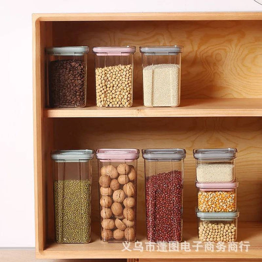Rotary Lock Plastic Containers neatly arranged on wooden shelves, storing assorted dry foods like beans, nuts, and grains for organized kitchen storage.