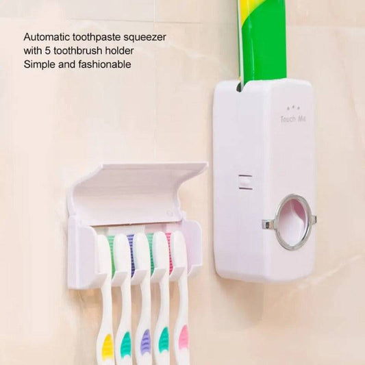 Wall-mounted Automatic Toothpaste Dispenser and five-toothbrush holder combo, designed for convenient and hygienic bathroom organization.