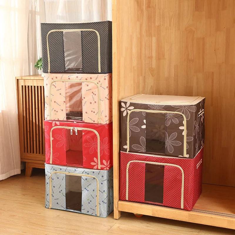 Stacked Cloth Storage Boxes 39cm in assorted colors and patterns, foldable and space-saving for efficient home organization and decor.
