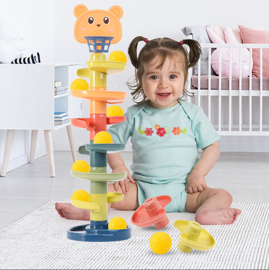 Buy Ball Tower Toy Online at Best Price in Sri Lanka featuring a toddler playing with a colorful rolling ball pile tower toy for hand-eye coordination.